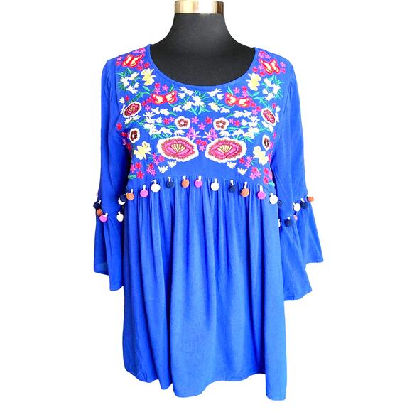 JODIFL Cobalt Blue Boho Top Multicolor Floral Embroidery & Pompom Trim Sz Medium - Picture 1 of 9
